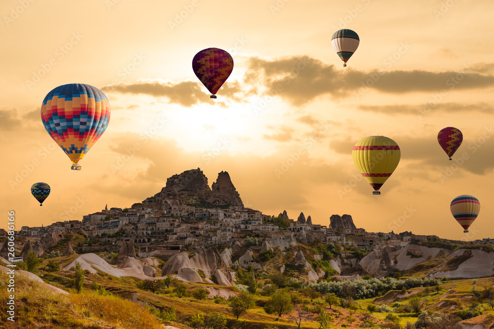Colorful hot air balloons over valley Cappadocia