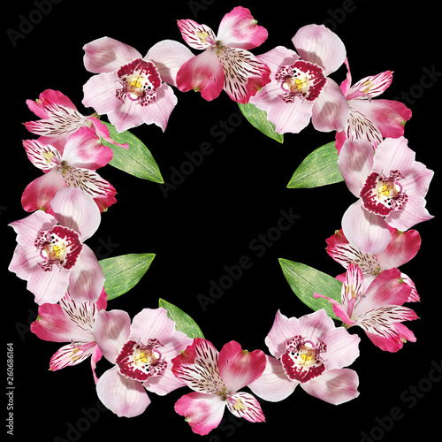 Beautiful floral circle of Alstroemeria and Orchids. Isolated