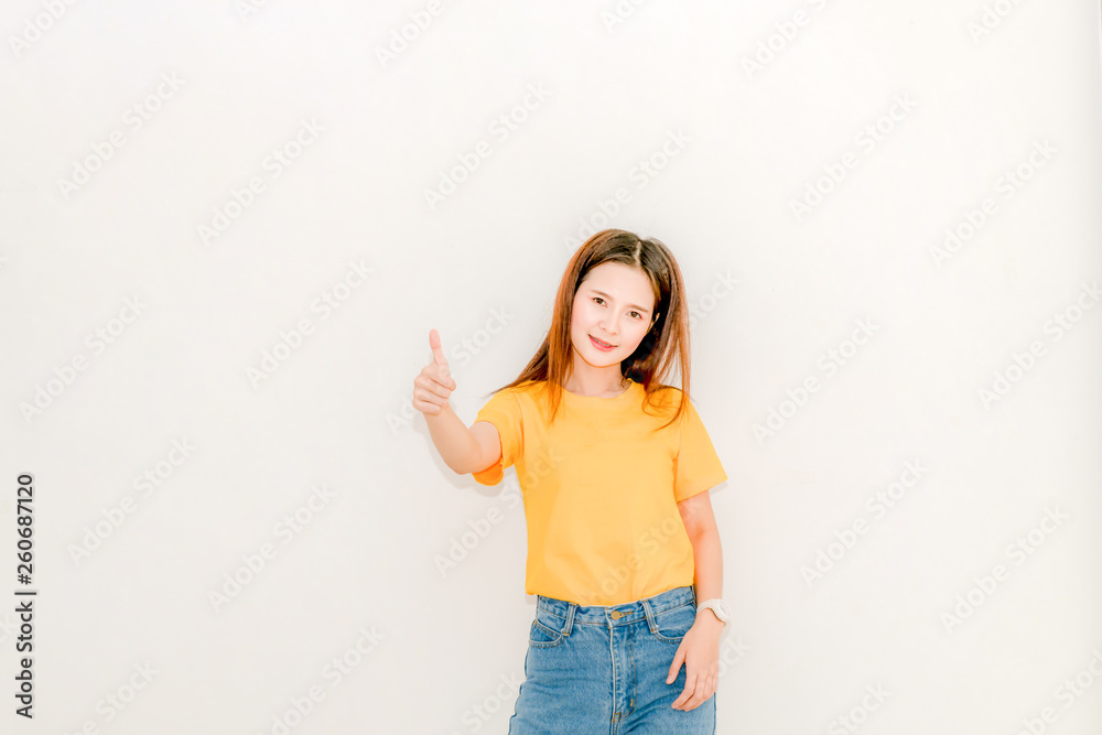 The image of a beautiful Asian woman smiling brightly on a white background The image of a beautiful Asian woman smiling brightly on a white background