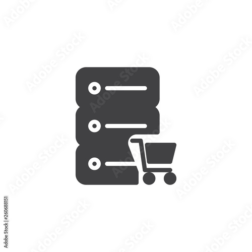 E-commerce hosting vector icon. Data server and shopping cart filled flat sign for mobile concept and web design. Database storage cart glyph icon. Symbol, logo illustration. Pixel perfect