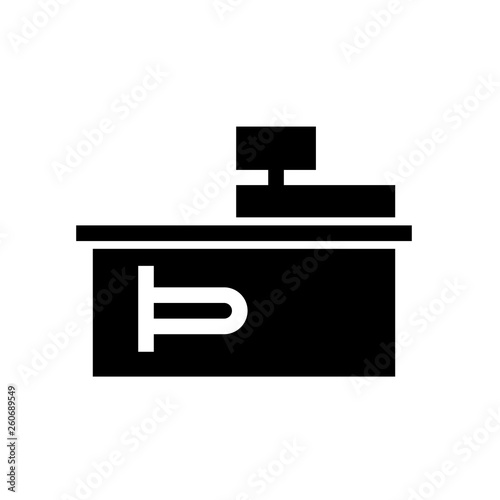 Cash desk with terminal silhouette icon. Clipart image isolated on white background