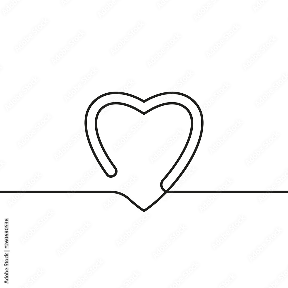 Continuous line drawing of heart, Black and white vector minimalist illustration of love concept