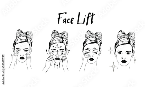 woman take care about face steps how to apply facial procedures , steps how to use skin care cute style, facial care steps