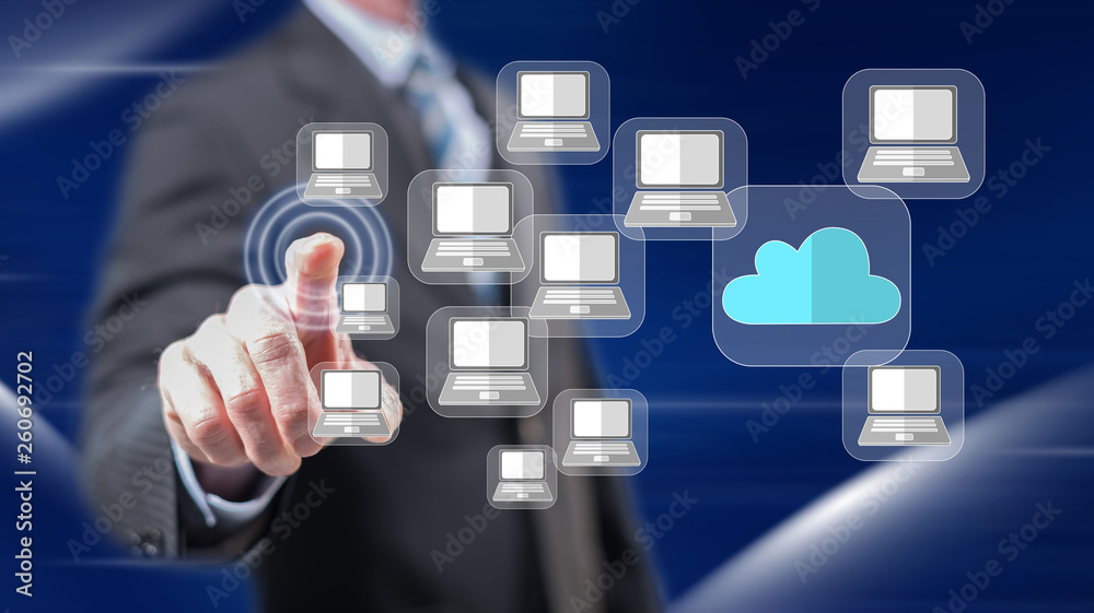 Man touching a cloud computing concept Man touching a cloud computing concept