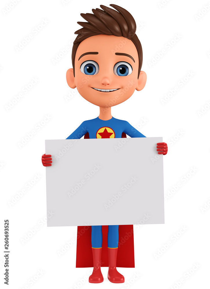 Character cartoon boy in a hero costume holding a blank board. 3d rendering. Illustration for advertising. Character cartoon boy in a hero costume holding a blank board. 3d rendering. Illustration for advertising.