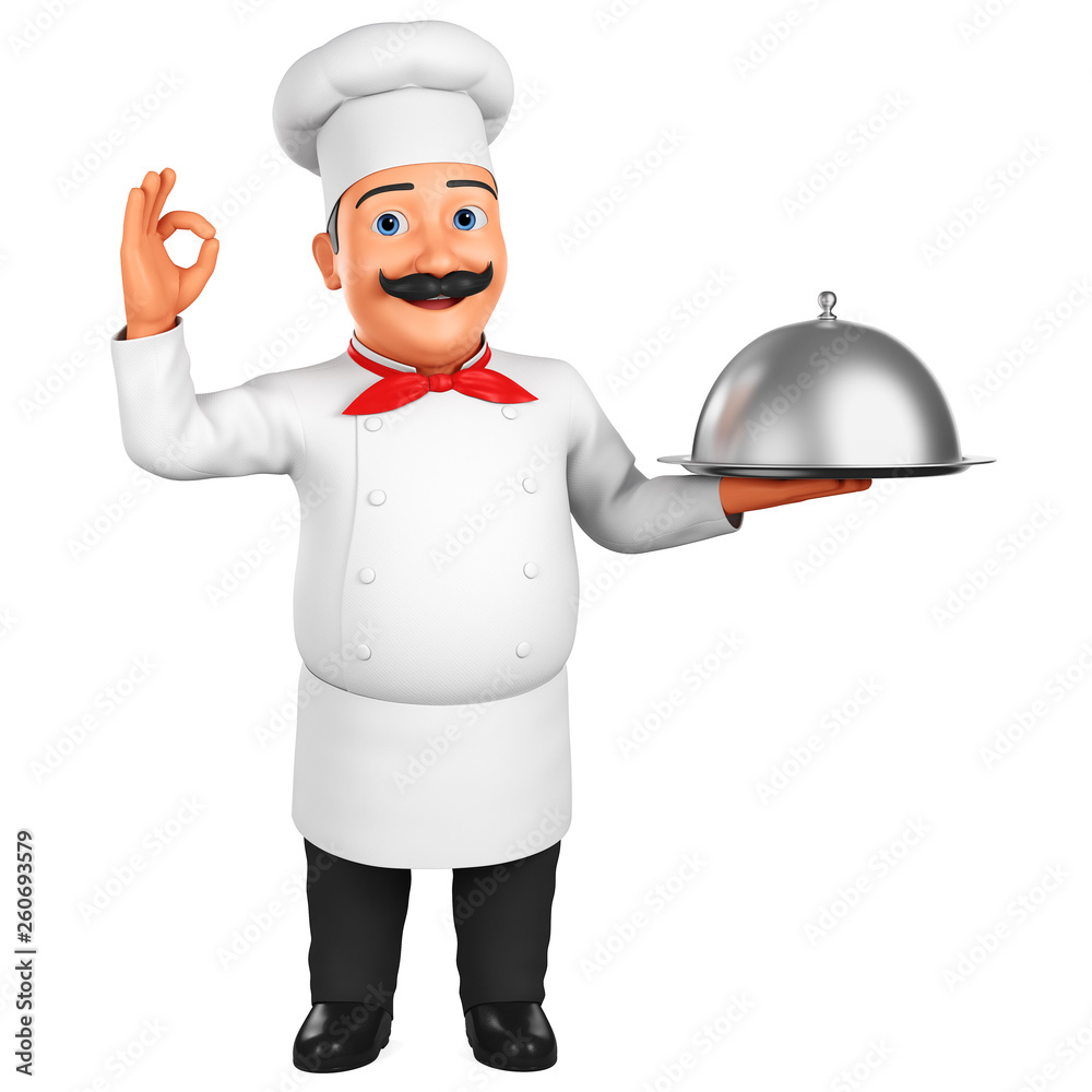 Cartoon chef character with dish showing ok on a white background. 3d rendering. Illustration for advertising. Cartoon chef character with dish showing ok on a white background. 3d rendering. Illustration for advertising.