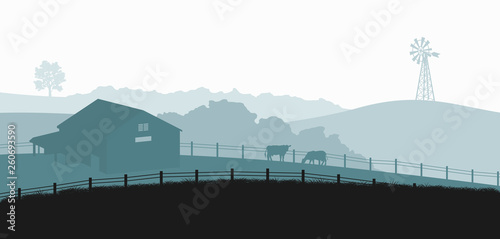 Silhouettes of farm landscape. Rural panorama of runch with cow on meadow. Village scenery for poster. Farmer house and livestock