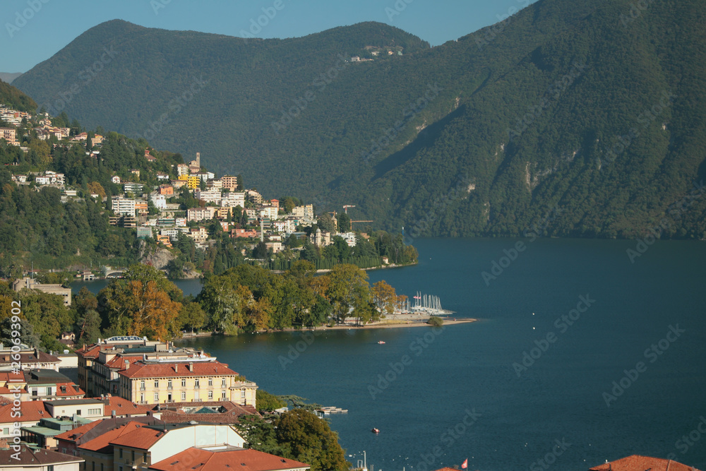 Obraz premium City, lake and mountains. Lugano, Switzerland