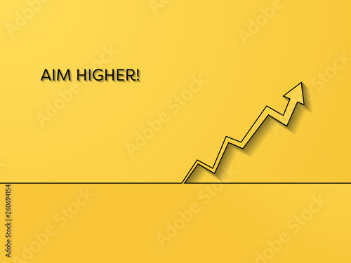 Business growth and ambition vector concept background with rising arrow on yellow background. Symbol for motivation, rise, success, goal, strategy, target.