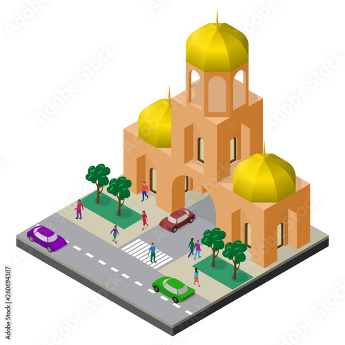 Temple, roadway, trees, cars and people. Cityscape in isometric view.