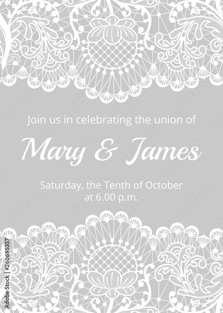 Wedding invitation template with white lace border on gray background