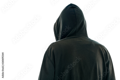Rear view of hooded male person isolated onwhite background photo