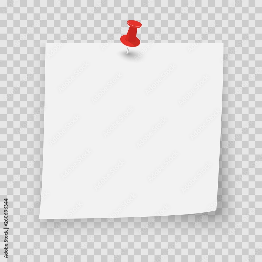 White sticky note with red pin and shadow on transparent background.  Adhesive office reminder note paper icon. Mock up template for your design.  Stock Vector