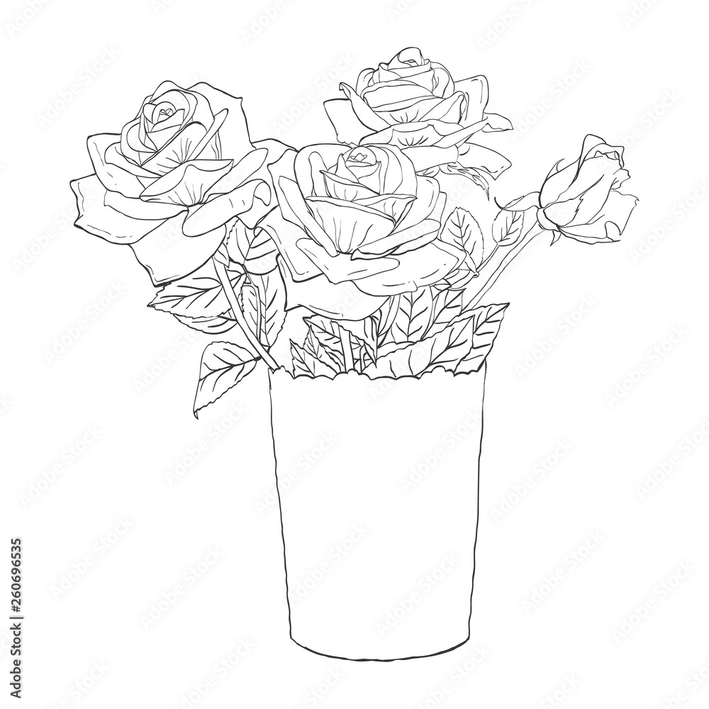 Handdrawn sketch of a bouquet of roses in a vase. Flowers pattern