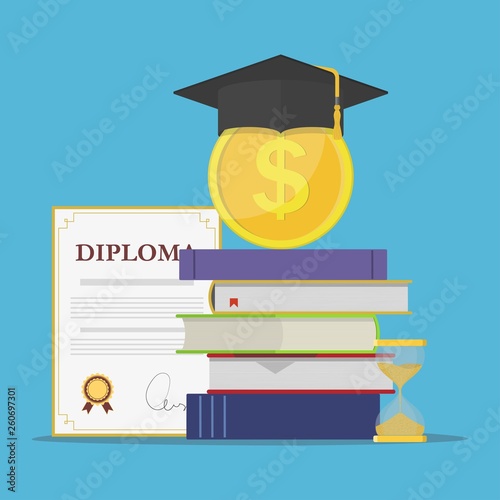 Investment in education. Stack of books, diploma, university student cap with coin and hourglass. Template design of money savings for study or business concept.