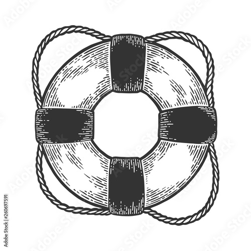 Life buoy sketch engraving vector illustration. Scratch board style imitation. Hand drawn image.