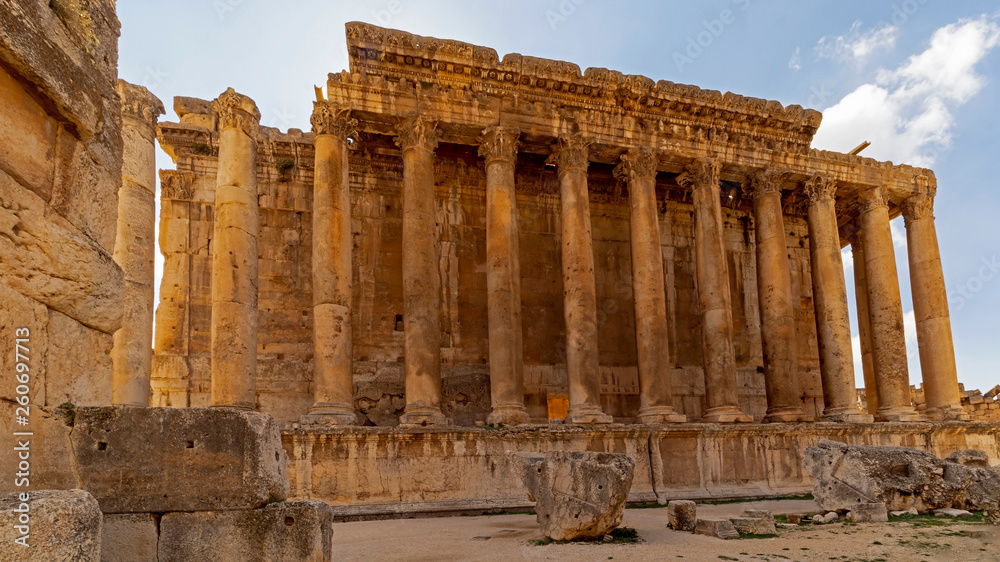 The exterior and Corinthian Capitals of Temple of Bacchus in Baalbek, Lebanon