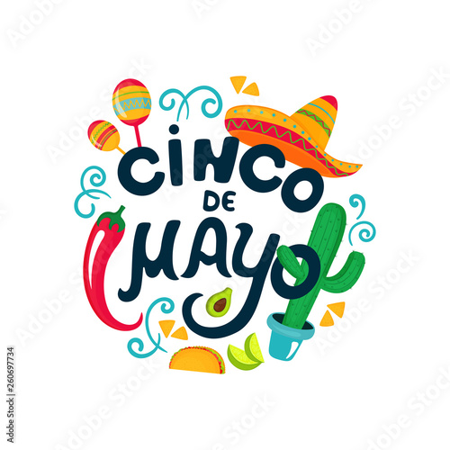 Cinco de Mayo. Festive poster to the Mexican national celebration. Sombrero, maracas, cactus, chili, tacos, avocado, nachos, lime