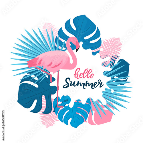 Pink flamingo and leaves of Monstera, palm trees, fern. Advertising tropical banner for the summer sale