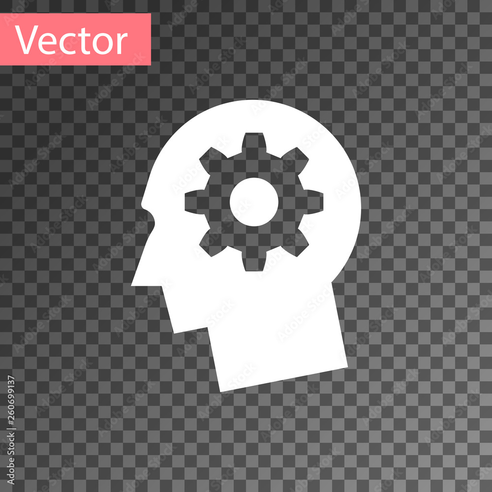 White Human head with gear inside icon isolated on transparent ...