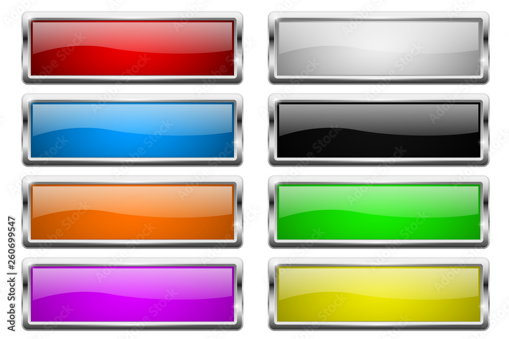 Square buttons. Glass colored icons with chrome frame Square buttons. Glass colored icons with chrome frame