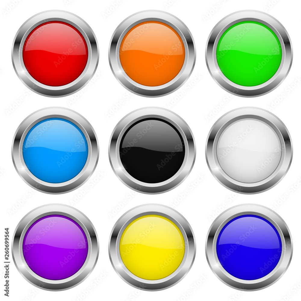 Round buttons. Glass colored icons with chrome frame Round buttons. Glass colored icons with chrome frame