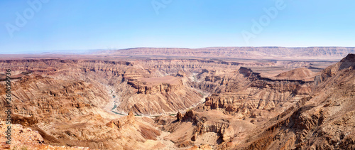 Fish River Canyon during the dry season top view, beautiful scenic mountain landscape panorama in Namibia, Southern Africa