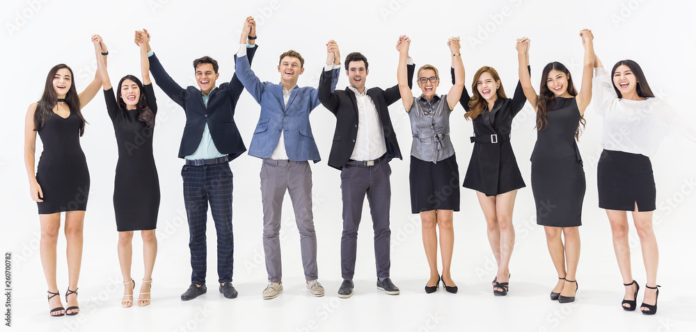 Creative team meeting hands up together in line, asian people teamwork acquisition, brainstorm business people concept. Startup friends creative suit people sale project panoramic banner