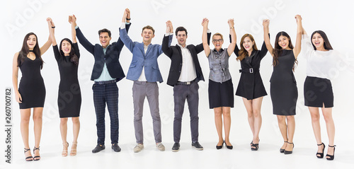 Creative team meeting hands up together in line, asian people teamwork acquisition, brainstorm business people concept. Startup friends creative suit people sale project panoramic banner