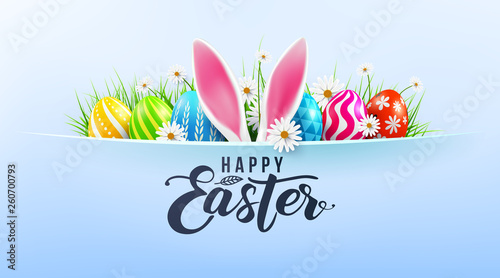 Happy Easter greeting card poster and template with Easter Eggs and flower on blue.Greetings and presents for Easter Day.Promotion and shopping template for Easter Day.Vector illustration EPS10