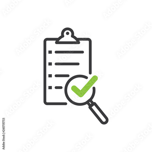 Scrutiny document plan icon in flat style with a green check symbol. Review statement vector illustration on white isolated background. Document with magnifier loupe business concept.