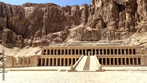 The Mortuary Temple of Hatshepsut, also known as the Djeser-Djeseru. Built for the Eighteenth Dynasty pharaoh Hatshepsut, it is located beneath the cliffs at Deir el-Baharinear the Valley of the Kings