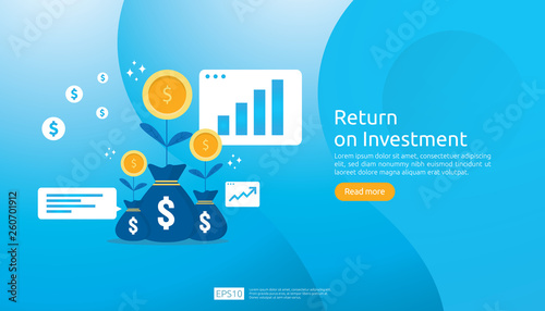 Return on investment ROI concept. business growth arrows success. dollar plant coins, graph and money bag. chart increase profit. Finance stretching rising up. banner flat style vector illustration.