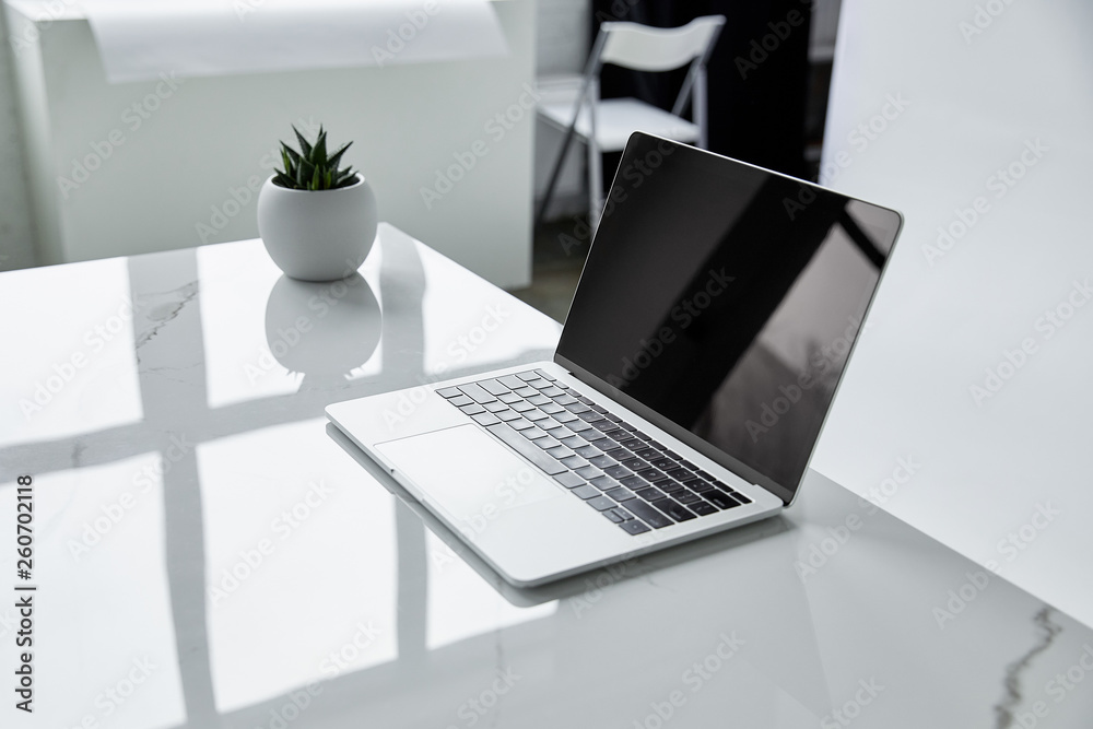 Fototapeta premium laptop with blank screen and flowerpot on white marble table