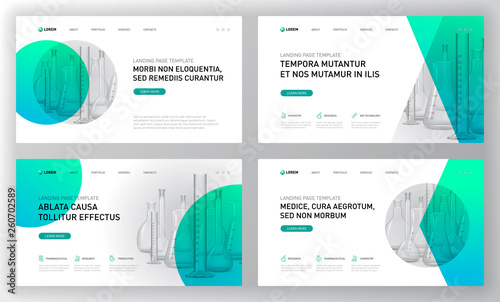 Pharmaceutical landing pages templates set. Medical web page design concept layout for website. Vector illustration. Horizontal brochure cover, web banner, website slide, powerpoint presentation.
