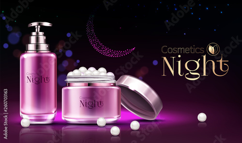 Womens skincare night cosmetics line products realistic vector ad banner, poster. Skin lotion, soap or perfume in pink glass tube with dispenser, jar with essence oil, cream in capsules illustration