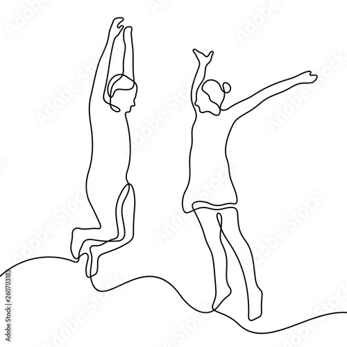 Happy couple jumping hands up continuous line vector illustration