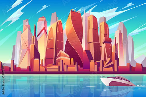 Moscow city skyline cartoon vector panoramic background with international business center complex futuristic skyscrapers buildings on shore and modern motor yacht sailing in Moskva river illustration