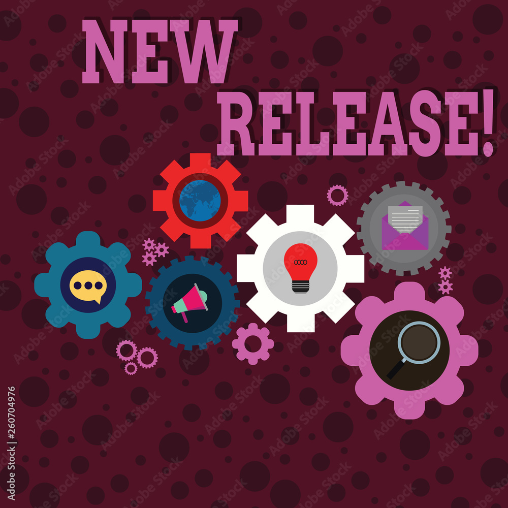 Writing note showing New Release. Business concept for announcing something newsworthy recent product Set of Global Online Social Networking Icons Cog Wheel Gear Writing note showing New Release. Business concept for announcing something newsworthy recent product Set of Global Online Social Networking Icons Cog Wheel Gear