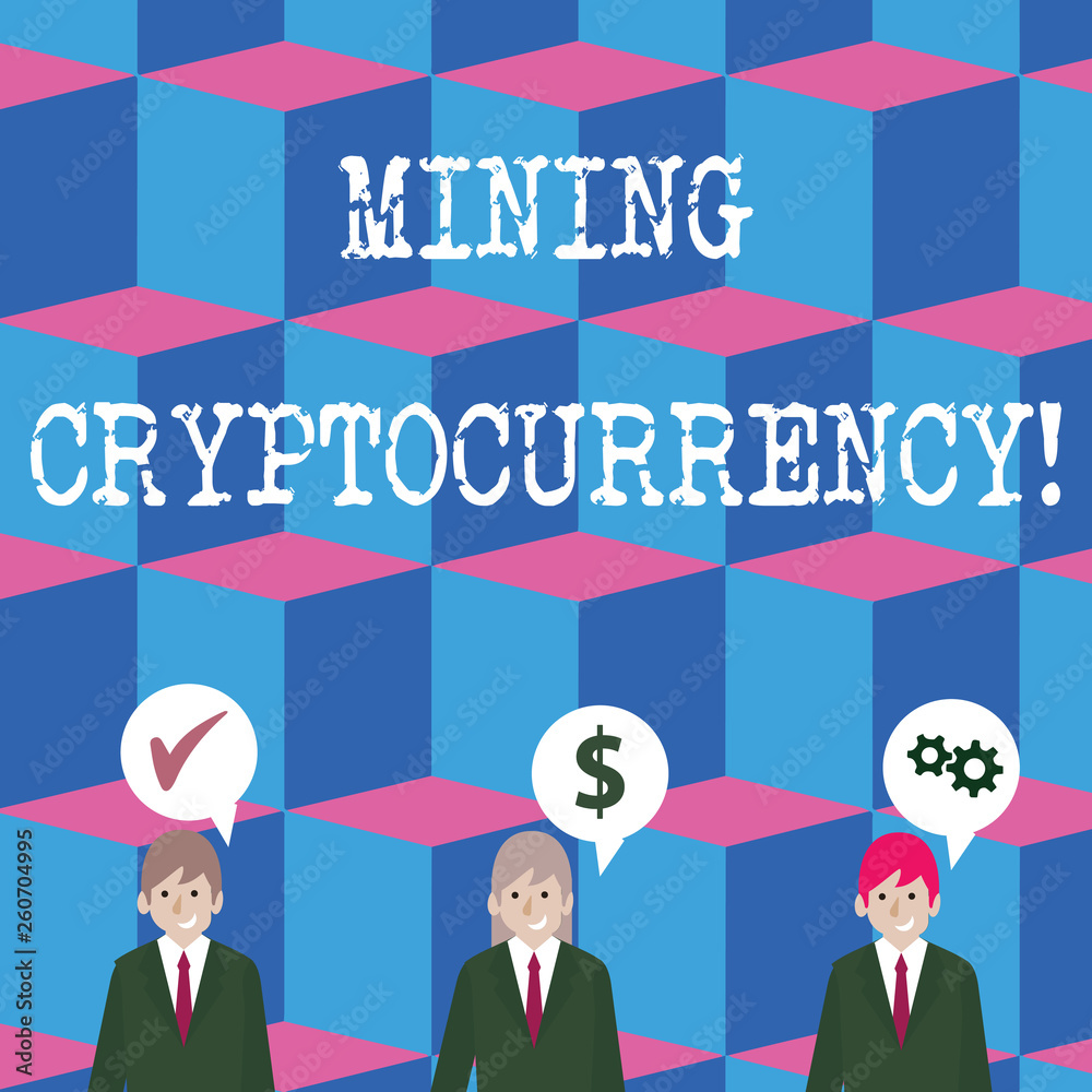 Writing note showing Mining Cryptocurrency. Business concept for handling of transaction in the digital currency system Businessmen has Speech Bubble with Optimization Cost Icons