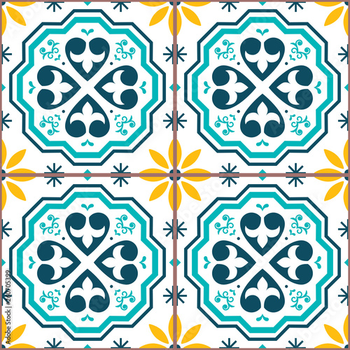 Portuguese tiles Azulejos vector seamless pattern, geometric repetitve design - textile or wallpaper background 	