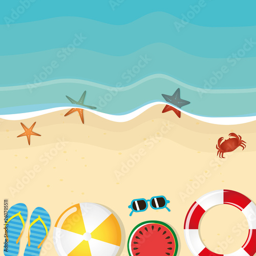 different beach utensils summer holiday background with flip flops sunglasses watermelon and starfish vector illustration EPS10