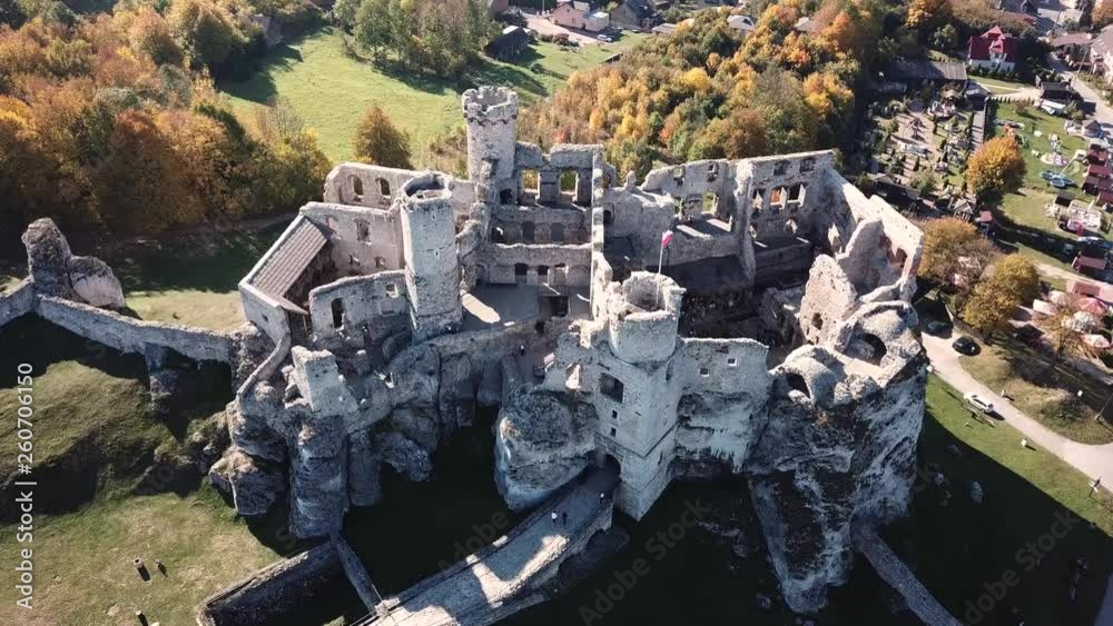 Aerial view ruins of medieval castle on the rock in Ogrodzieniec, Poland. One of strongholds called Eagles Nests, region Silesia