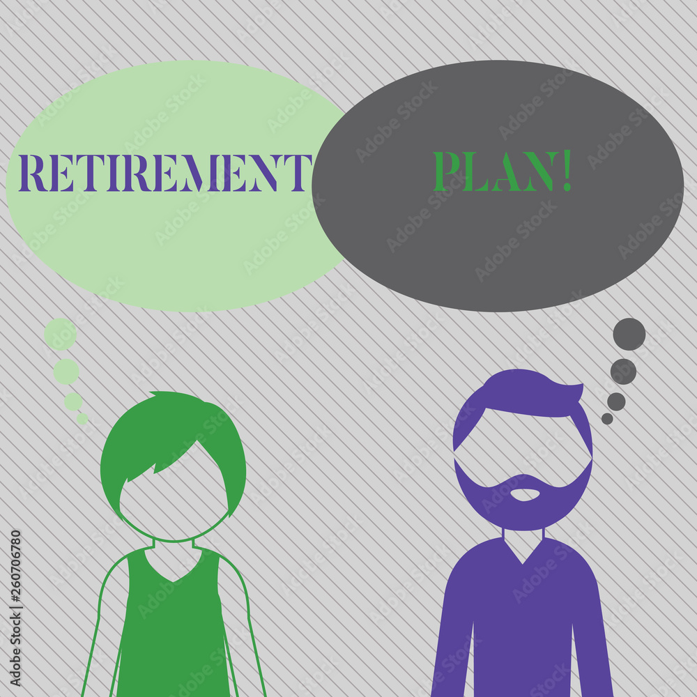 Text sign showing Retirement Plan. Business photo showcasing income goals actions and decisions necessary achieve goals Bearded Man and Woman Faceless Profile with Blank Colorful Thought Bubble