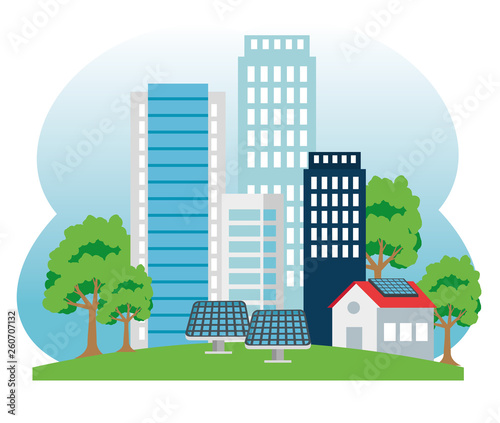 building and house with solar energy and tres