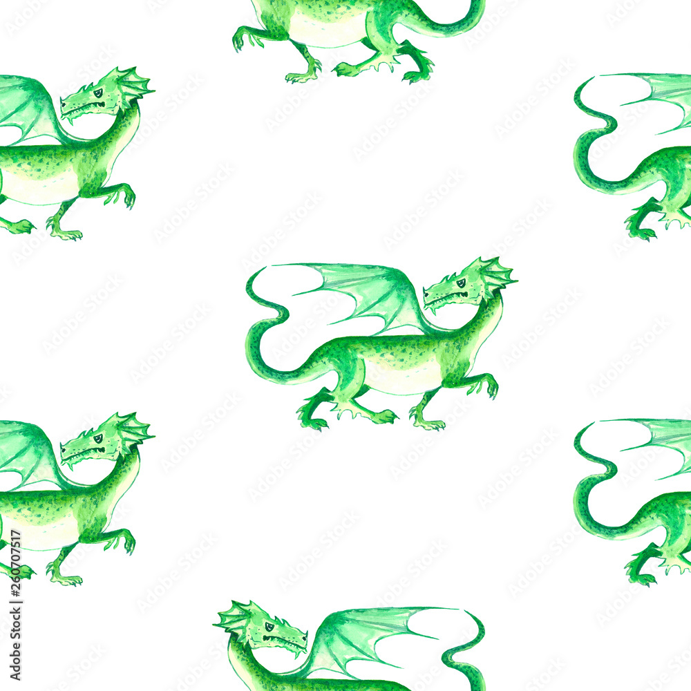 Fototapeta premium Watercolor seamless pattern with fairy dragons, crystals. Hand painted childish background.