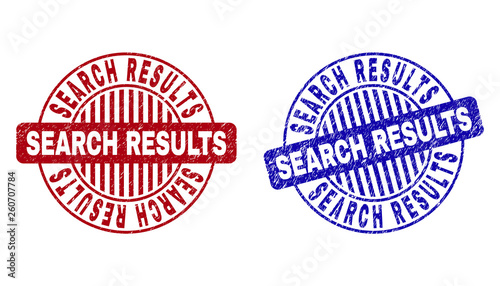 Grunge SEARCH RESULTS round stamp seals isolated on a white background. Round seals with distress texture in red and blue colors.