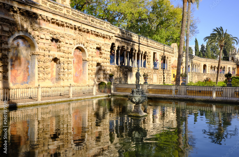 Fountain in the gardens of the Royal palace of Alcazar. in Seville, Spain.
