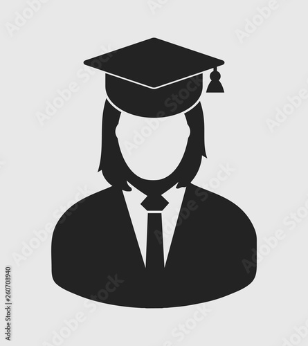 Female graduate student icon with gown and cap. Flat style vector EPS.