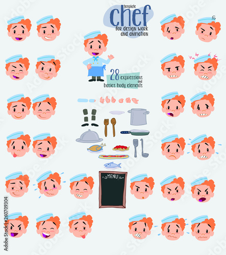 Fototapeta Naklejka Na Ścianę i Meble -  Chef. Twenty eight expressions and basics body elements, template for design work and animation. Vector illustration to Isolated and funny cartoon character.